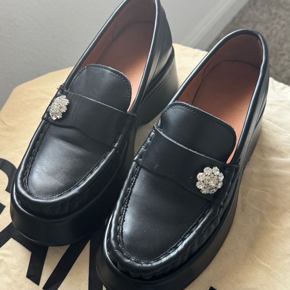 Ganni Black Loafers with Crystal Detail